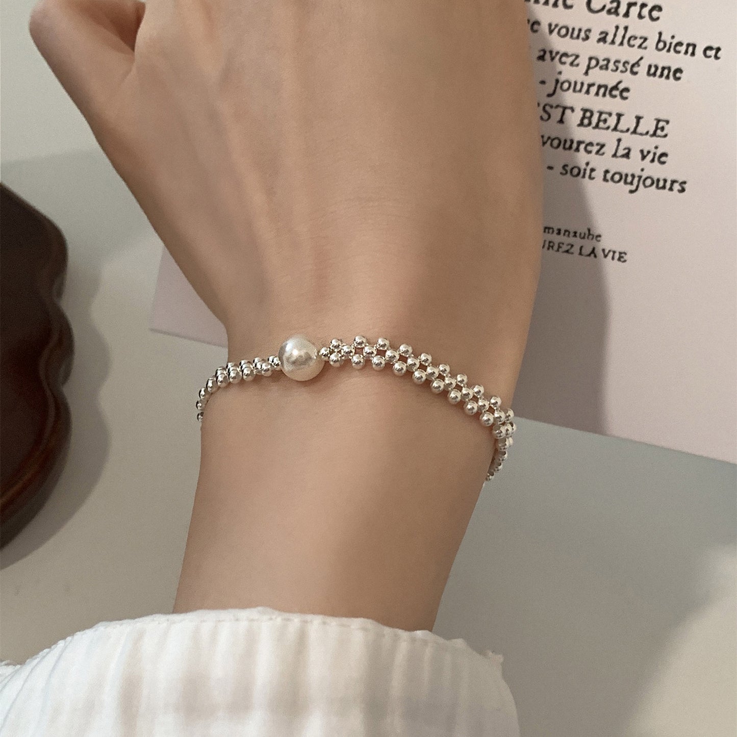 Sliver Beads Woven Pearl Niche Design Bracelet