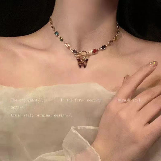 Luxury Square Crystal Rhinestone Butterfly Retro Trendy Simple Necklaces