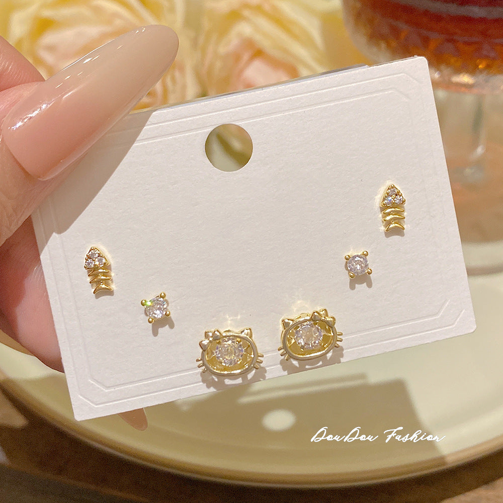 Women's Needle One Card Three Pairs Earings Small Delicate Summer High-grade Stud Earrings