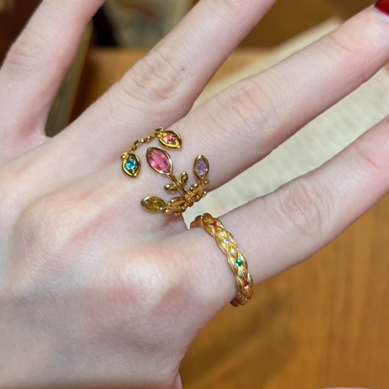 Flower Branch Open Female Twin Twist Weave Imitation Gold Index Ring