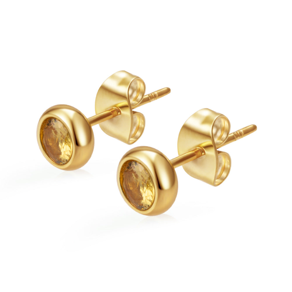 Women's Round Stainless Steel Zircon Trendy Versatile Real Gold Stud Earrings