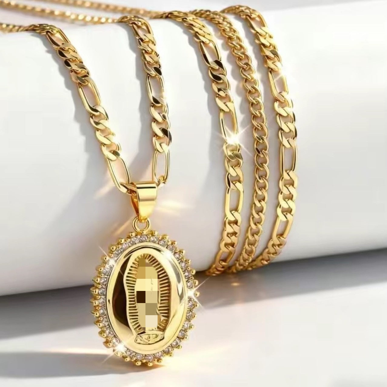 Mary Oval Gold Cubic Zirconia Religious Necklace