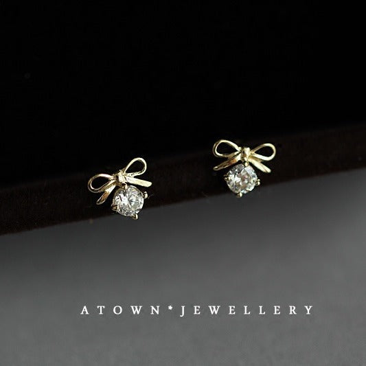 Sterling Sier Gold-plated Zircon Bow Inlaid Earrings