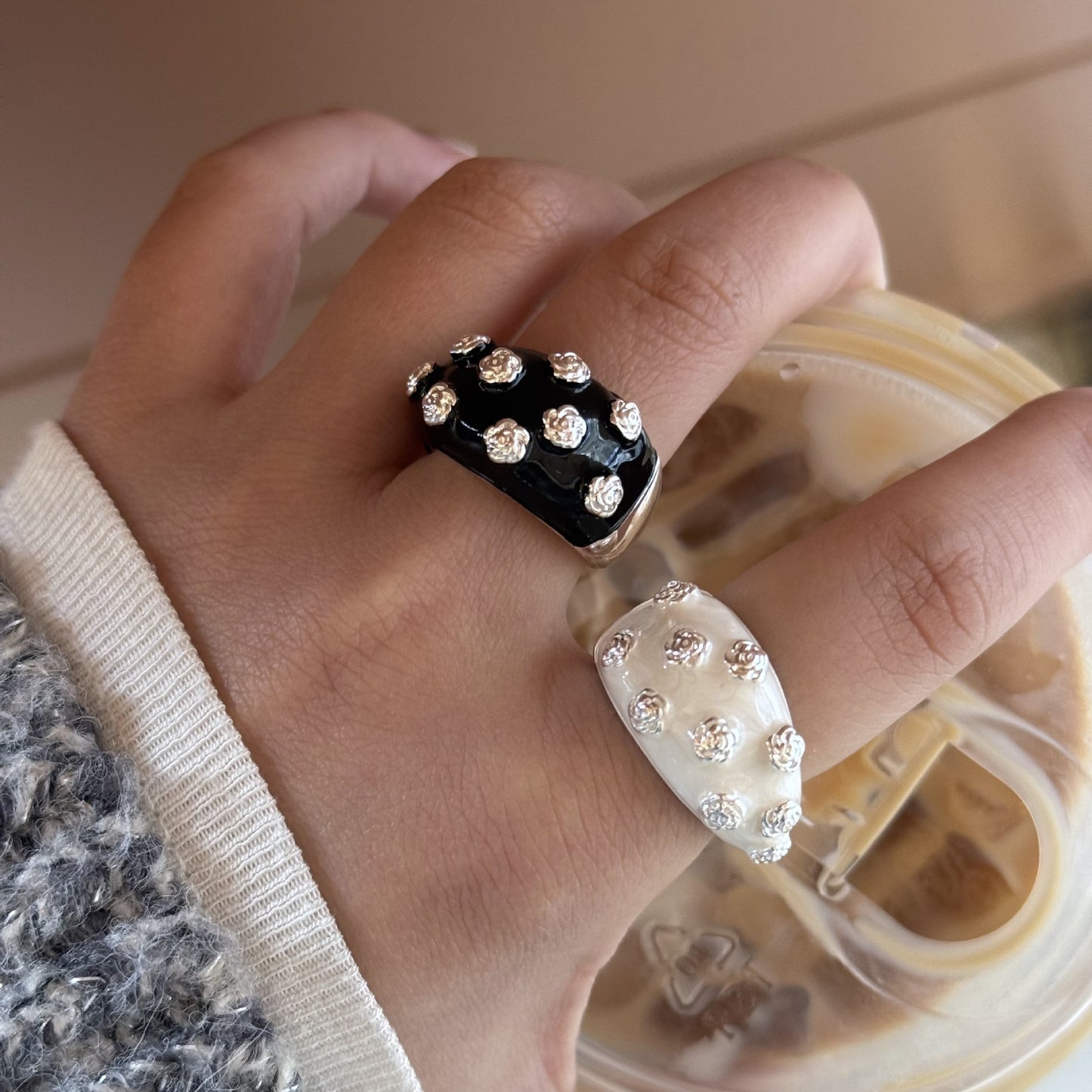 Gold Electroplating Dripping Camellia Open Fashion Index Rings