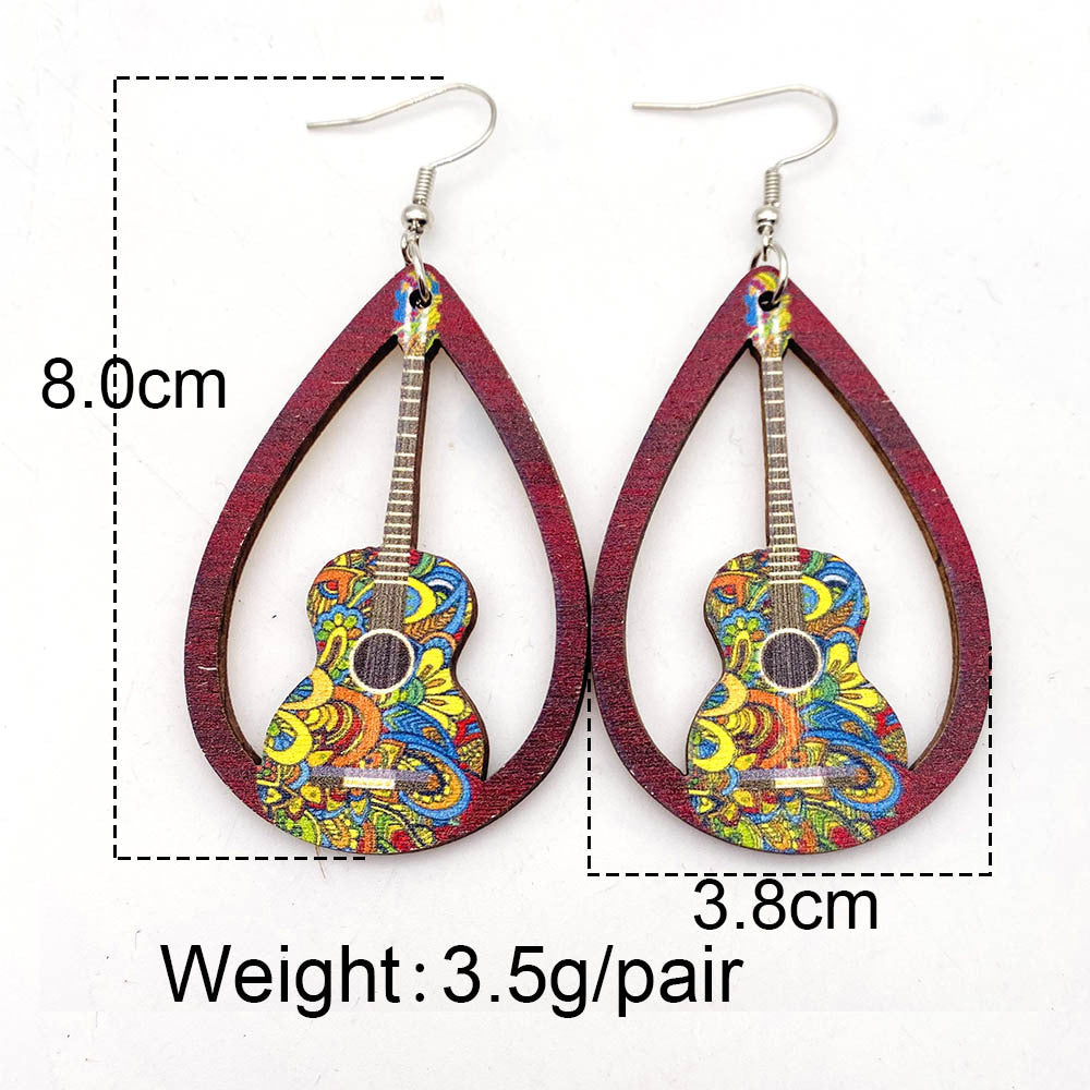 Hollow Out Guitar Wooden Fashion Musical Instrument Earrings