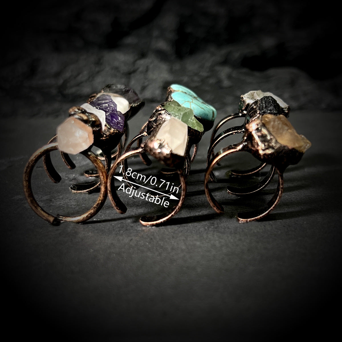 Gemstone Purple Yellow White Crystal Fluorite Amorphous Opening Adjustable Rings