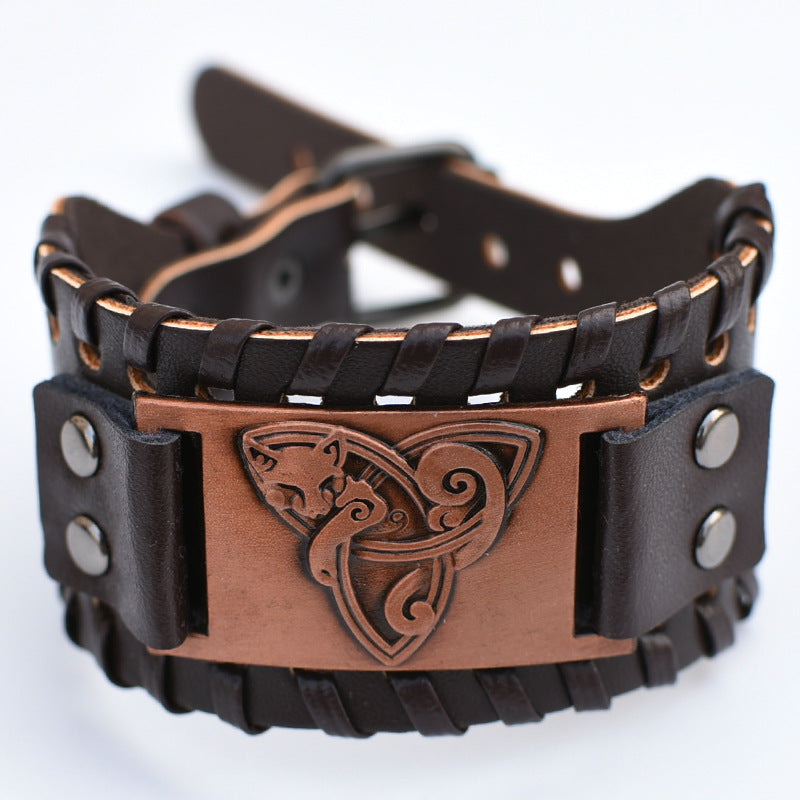 Men's Retro Viking Totem Leather Wolf Head Bear Claw Gossip Lucky Bracelet