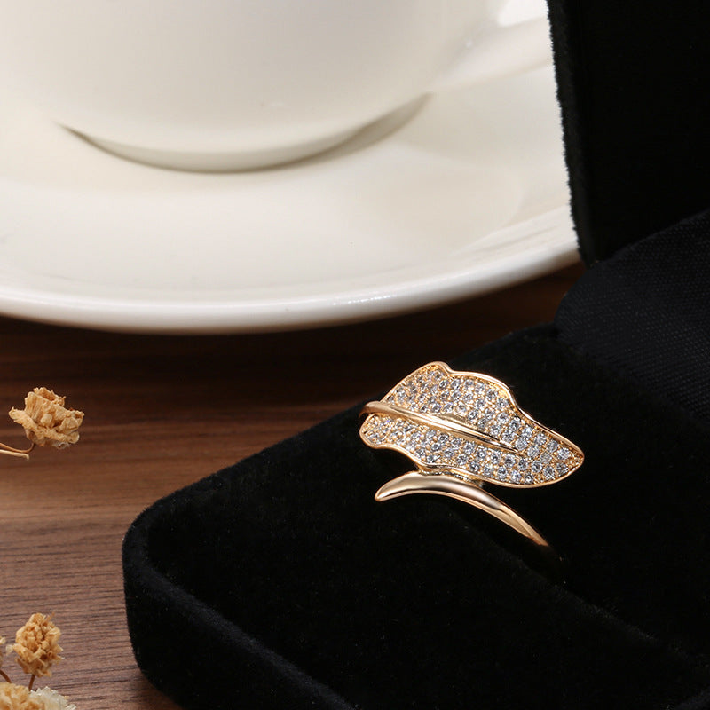 Gold Zircon Simple Fresh Small Leaf Rings