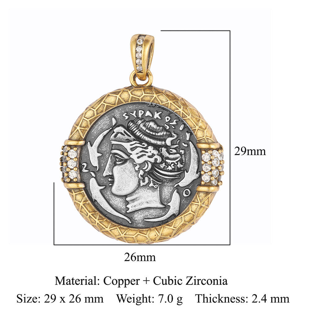 Style Vintage Ancient Sier Coin Copper Zircon Pendants