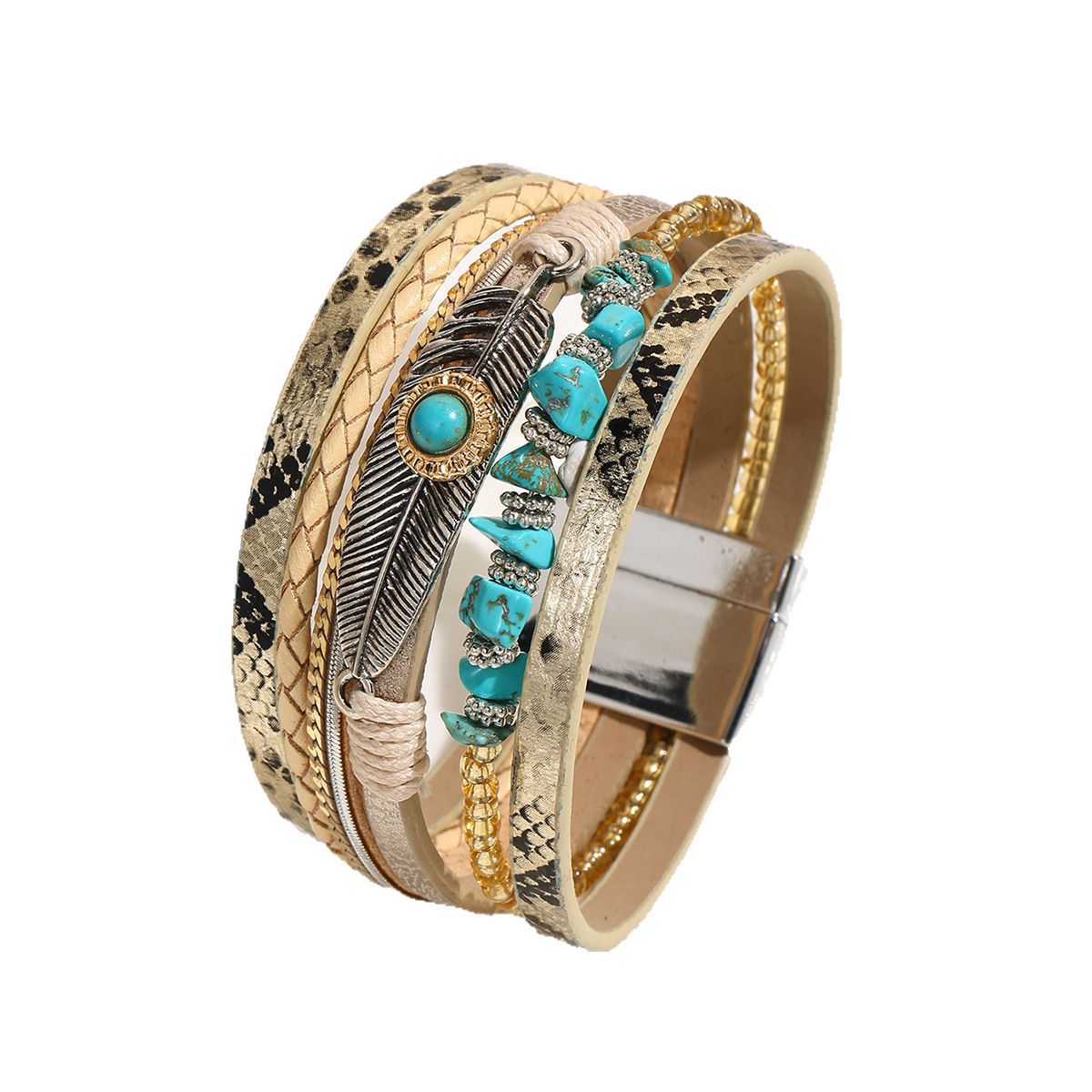 Bohemian Gravel Feather Leather Vintage Turquoise Bracelets