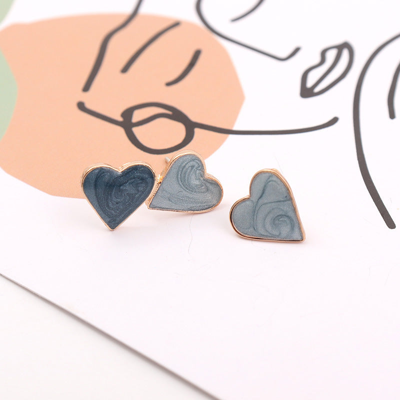 Contrast Color Asymmetric Blue Ear Dark Light Heart-shaped Small Peach Stud Earrings