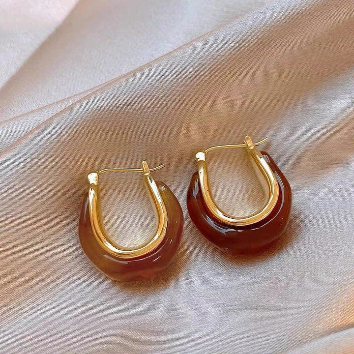 Women's Coffee Color Sier Needle Tigereye Style Earrings