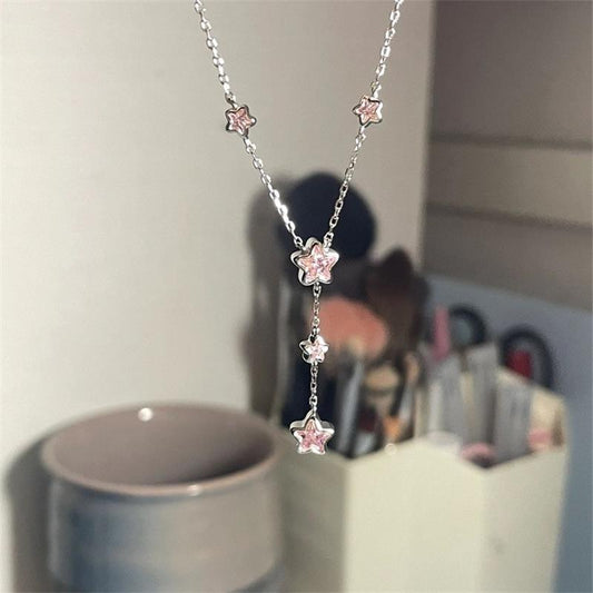 Female Pink Zircon Pentagram Tassel Clavicle Necklace