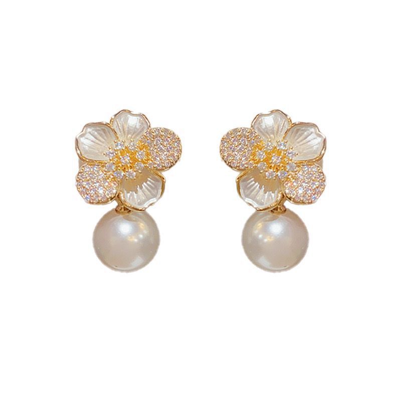 Women's Sweet Dripping Zircon Pearl Flower Light Luxury Temperament High-grade Mori Earrings