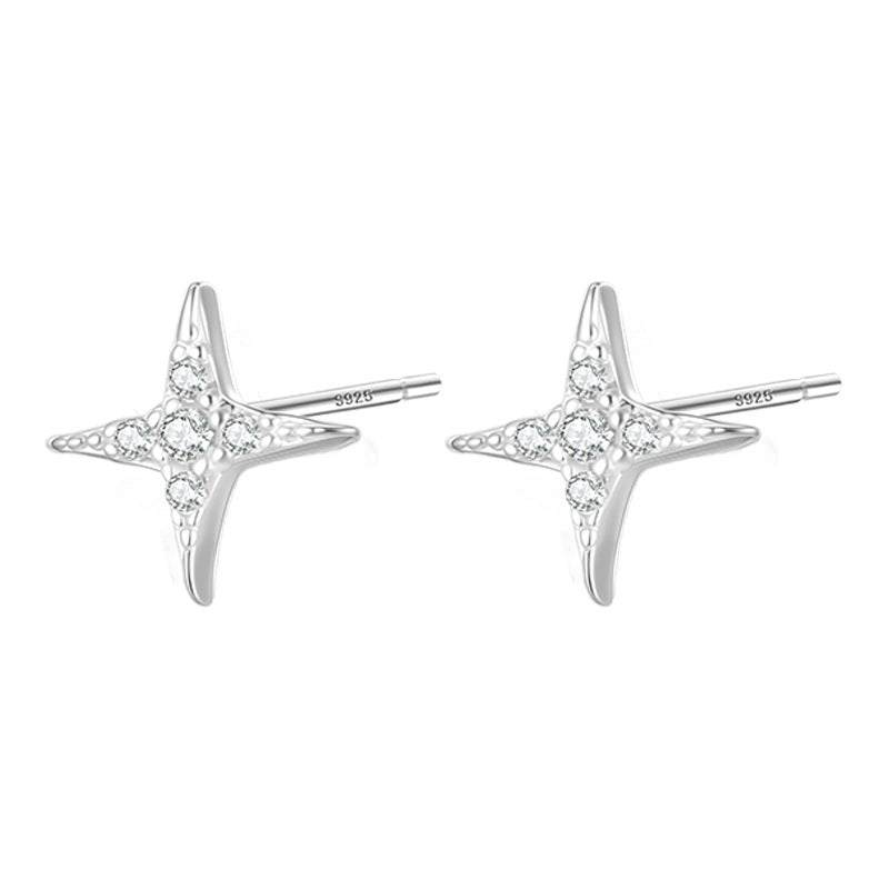Sier Needle Four Stars Zircon Minimalist Everyday Joker Trendy Stud Earrings