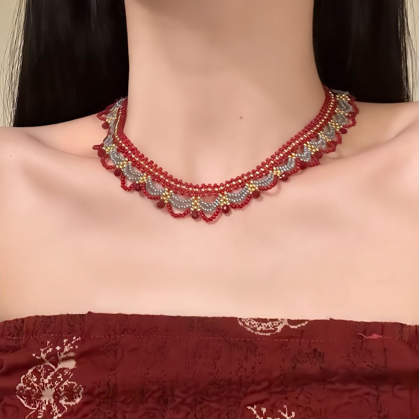 Women's Micro Glass Bead Lace French Vintage Court Necklace