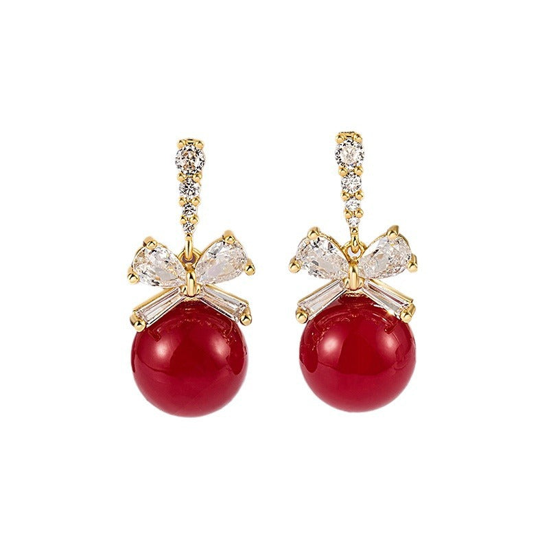 Inlaid Bow Pearl Red Festive High Earrings