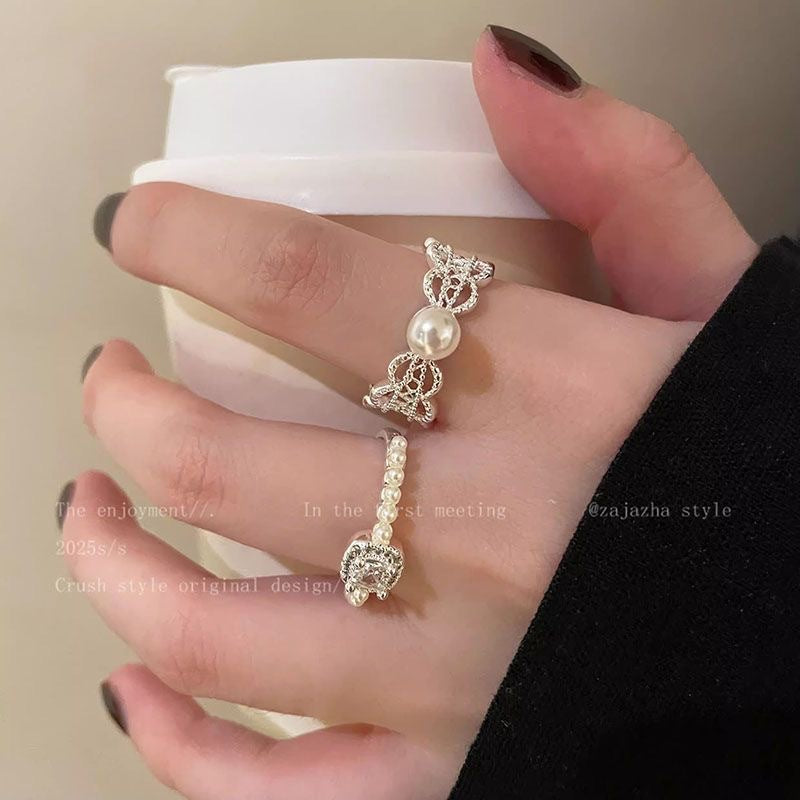 Korean Lace Pearl Zircon Design Switchable Index Ring