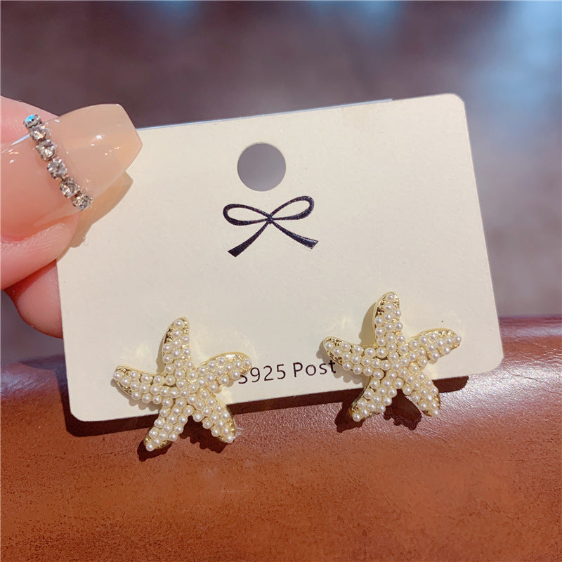 Women's Pearl Starfish Sier Needle Elegant Wild Earrings