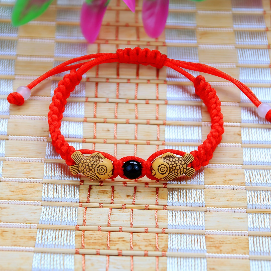 Women's & Men's Moon Peach Pit Woven Hand Strap Small Fish Red Rope Bracelet