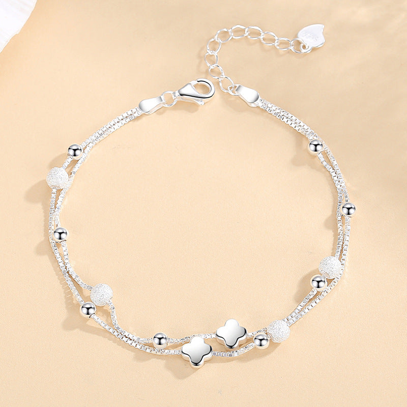 Women's Sterling Sier Clover Sliver Beads Korean Bracelets