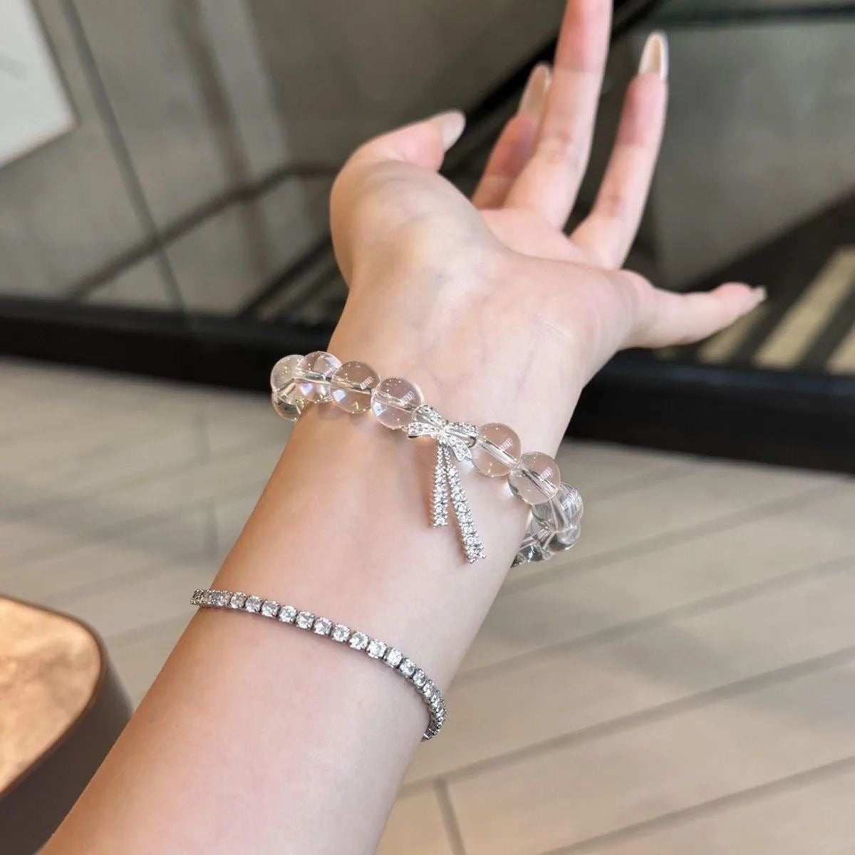 White Beaded Bow Ribbon Summer Cool Sweet Temperamental Bracelet