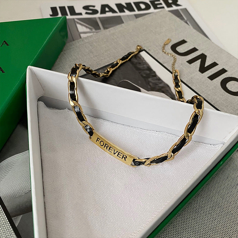 Design Leather Stitching Black Rope Curved Clavicle Chain Necklaces