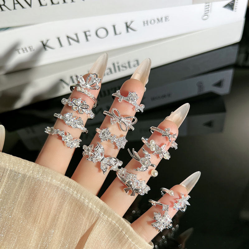 Light Luxury Sier Diamond Pieces Butterfly Mix Match Ring