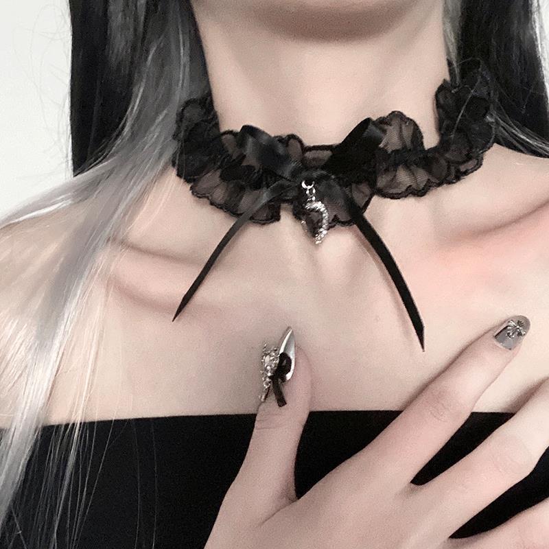 Teaching Room Lace Collar Heart Shape Rhinestone Shiny Style Bow Necklaces