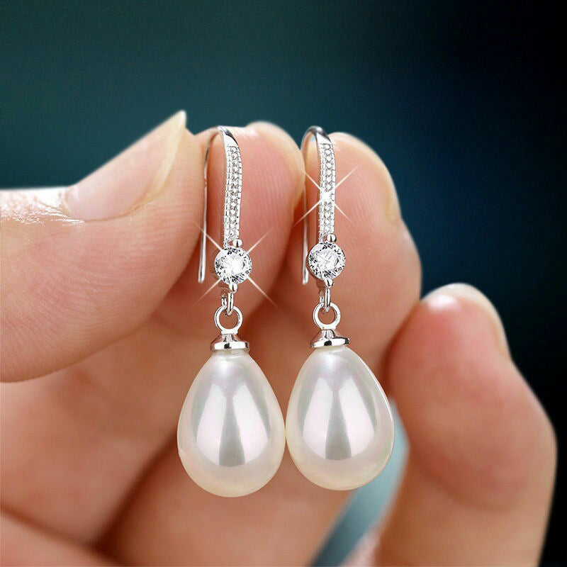 Ornament Sier Water Drop Oval Artificial Pearl Earrings