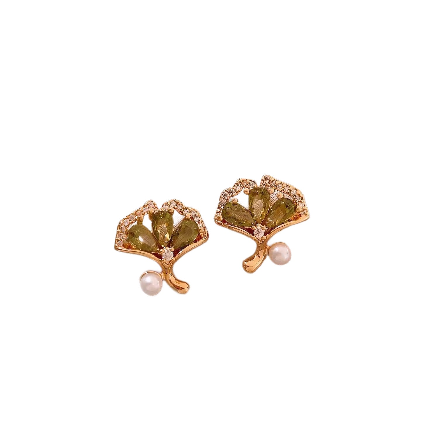 Women's Luxury Retro Fan-shaped Zircon High-grade Green Pearl Design Rings