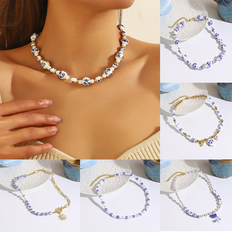 Mild Luxury Retro Beaded Ceramic Artistic Blue White Necklaces