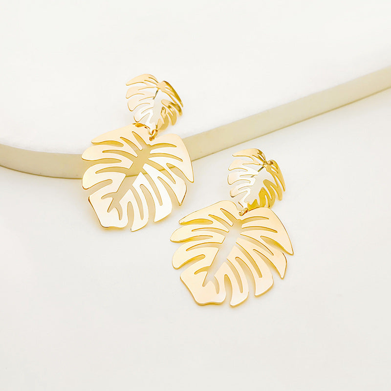 Sier Needle Vintage Metal Leaf Branches Hollow Ear Earrings