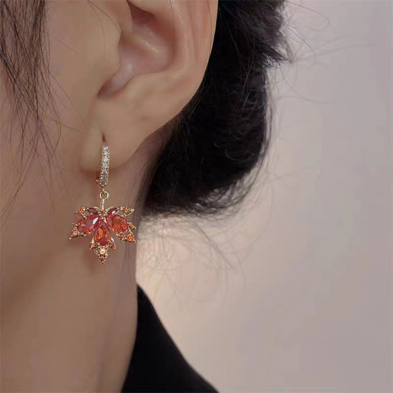 Red Maple Leaf Zircon Trendy High-grade Temperamental Ear Buckle