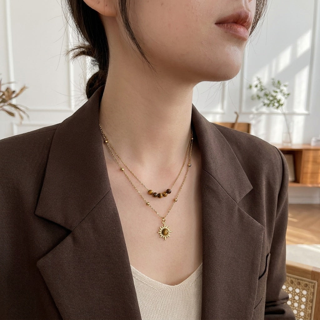 Women's Vintage Gold Sunflower Tiger Eye Niche Design Necklaces