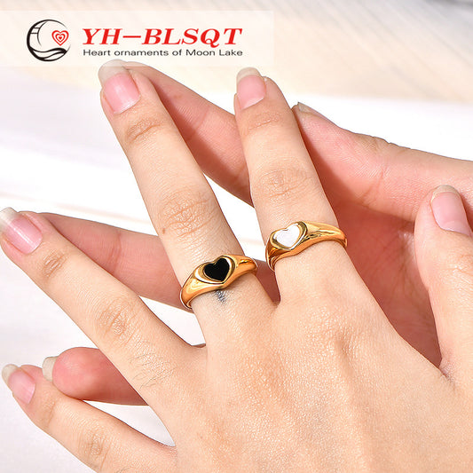 Women's Black Heart-shaped Epoxy Accessories Gold-plated Stainless Rings