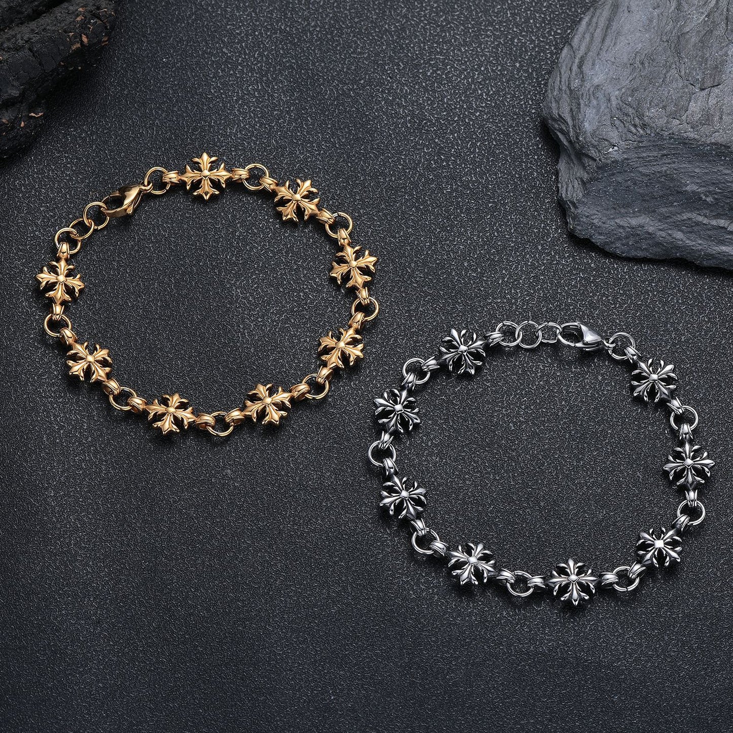 Women's & Men's Retro Titanium Steel Dice Cruciate Flower Simple Hip Hop Gold Bracelet