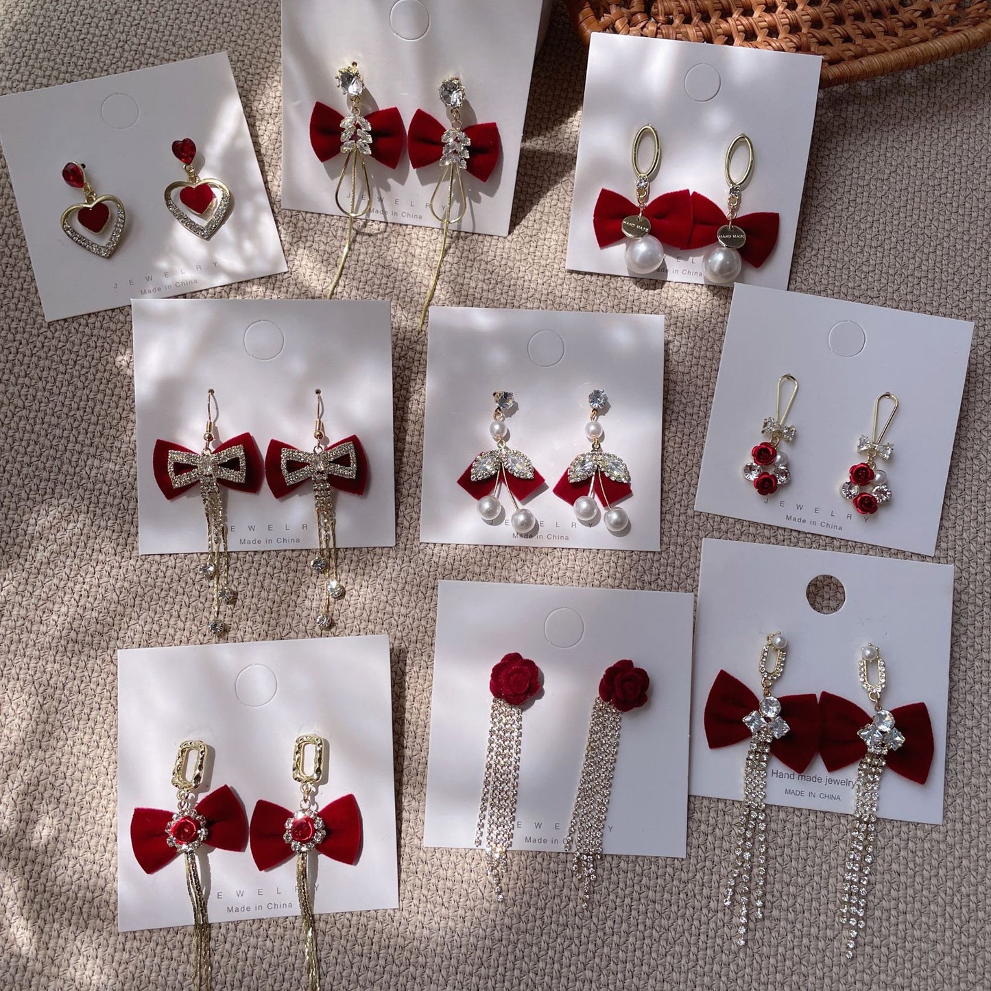 Bridal Red Veet Bow Heart Pearl Toast Earrings