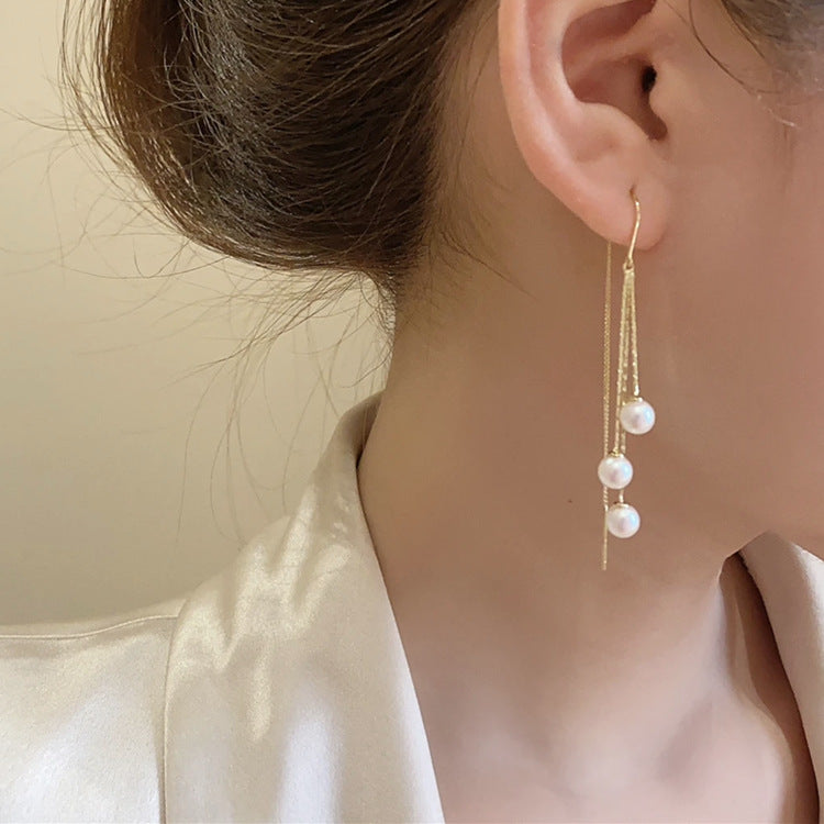 Design Pearl Ball Long Tassel Ear Thread Exquisite Earrings