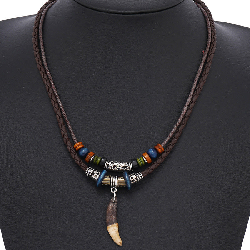 Men's Leather Personalized Retro Double Layer Wolf Tooth Necklace