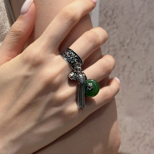 Chinese Retro Jasper Peace Buckle Female Tassel Ring