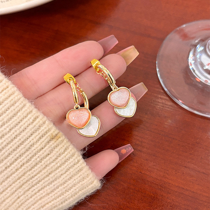 Sweet Elegant Pink White Love Heart Stud Earrings