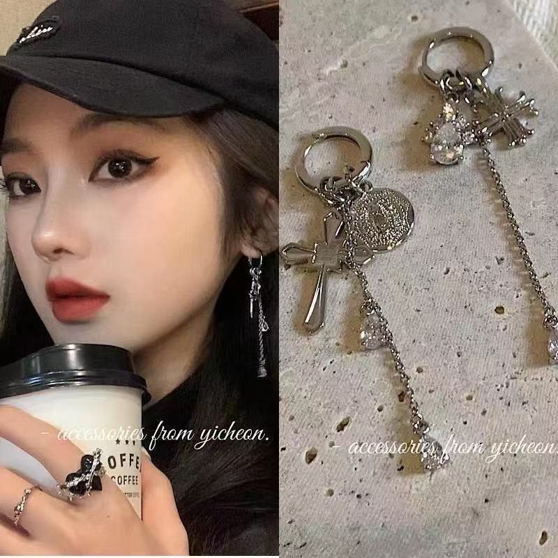 Cross Female Asymmetric Design Tassel Metal Sier Stud Earrings