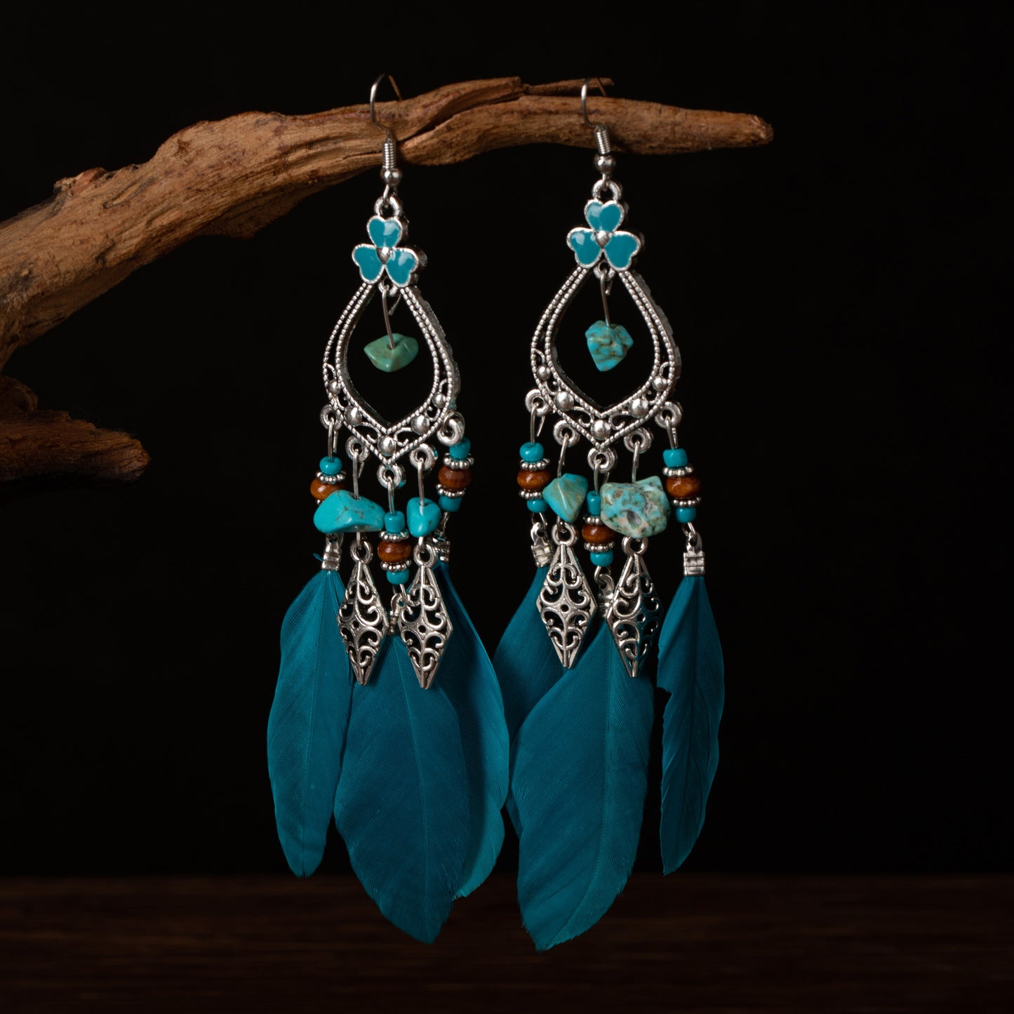 Women's Bohemian Feather Irregular Natural Stone Retro Earrings