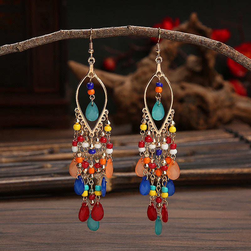 Women's Chinese Style Ethnic Personalized Minority Water Drop Crystal Tassel Earrings