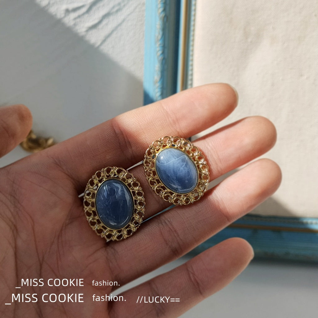 Plated Hollow Fog Haze Blue Sier Needle Style Retro Earrings