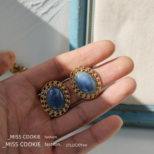 Plated Hollow Fog Haze Blue Sier Needle Style Retro Earrings