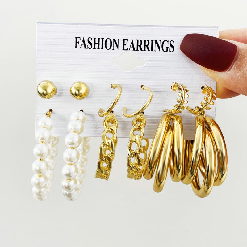 Women's Inlaid Pearl Twist Temperament Pieces Creative Retro Golden Rings