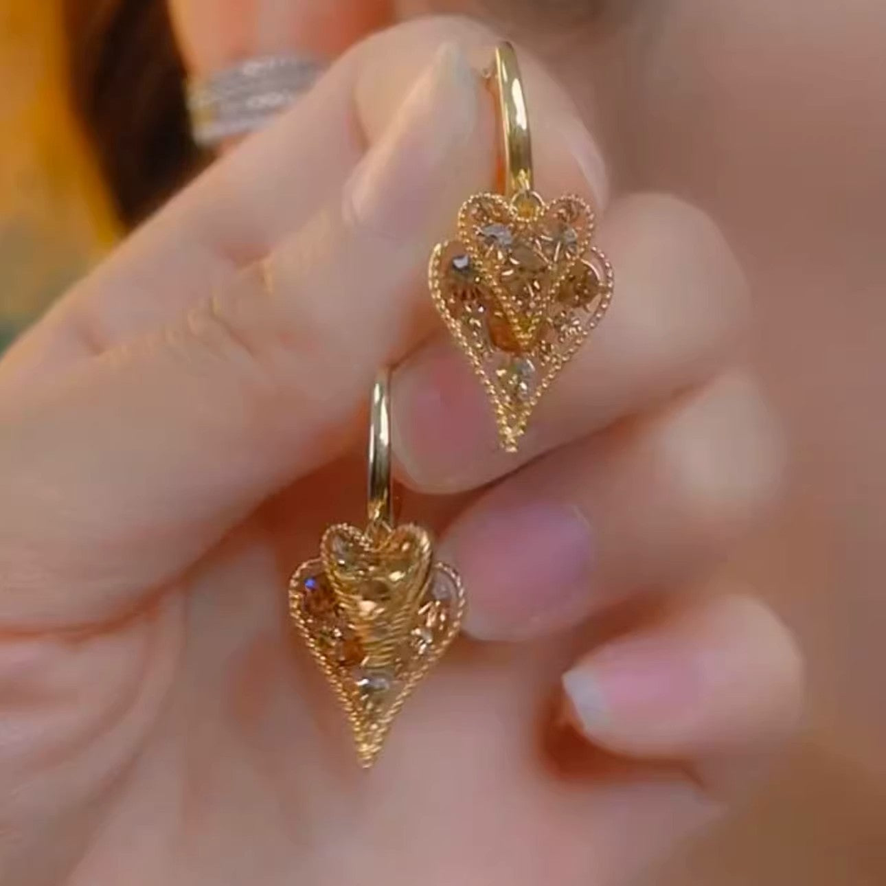Women's Flash Coffee Color Diamond Double Layer Hollow Heart-shaped High Sense Earrings