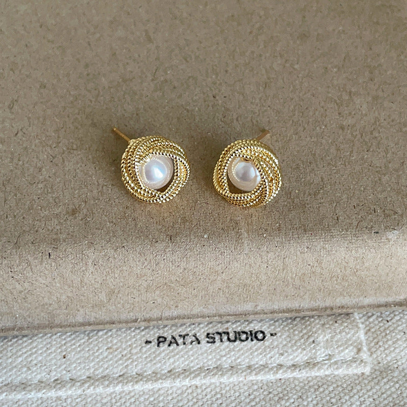 Women's French Winding Lace Rose Pearl Light Luxury High-grade Stud Earrings
